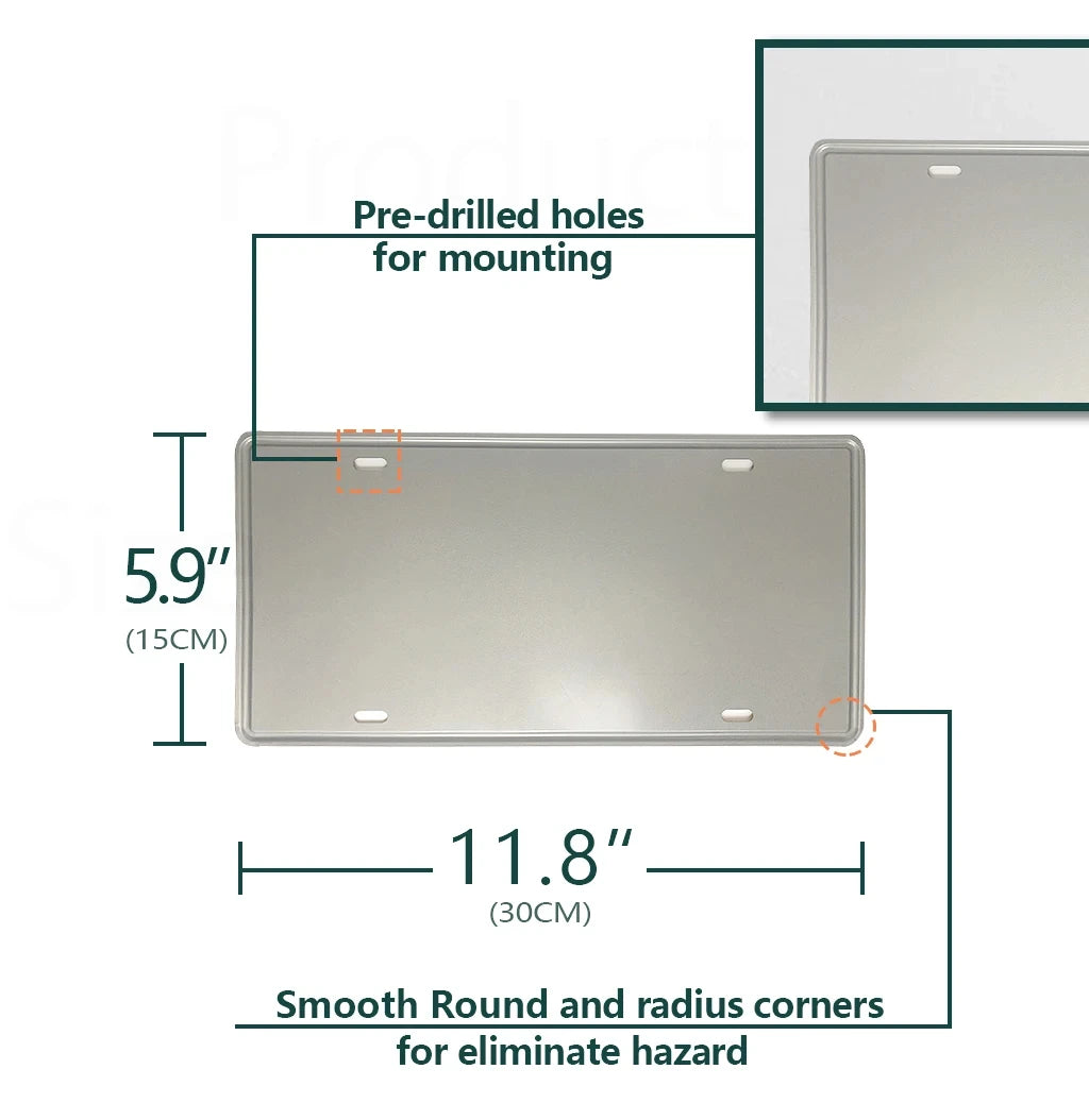 A rectangular metal license plate with pre-drilled holes for mounting, featuring smooth round and radius corners.