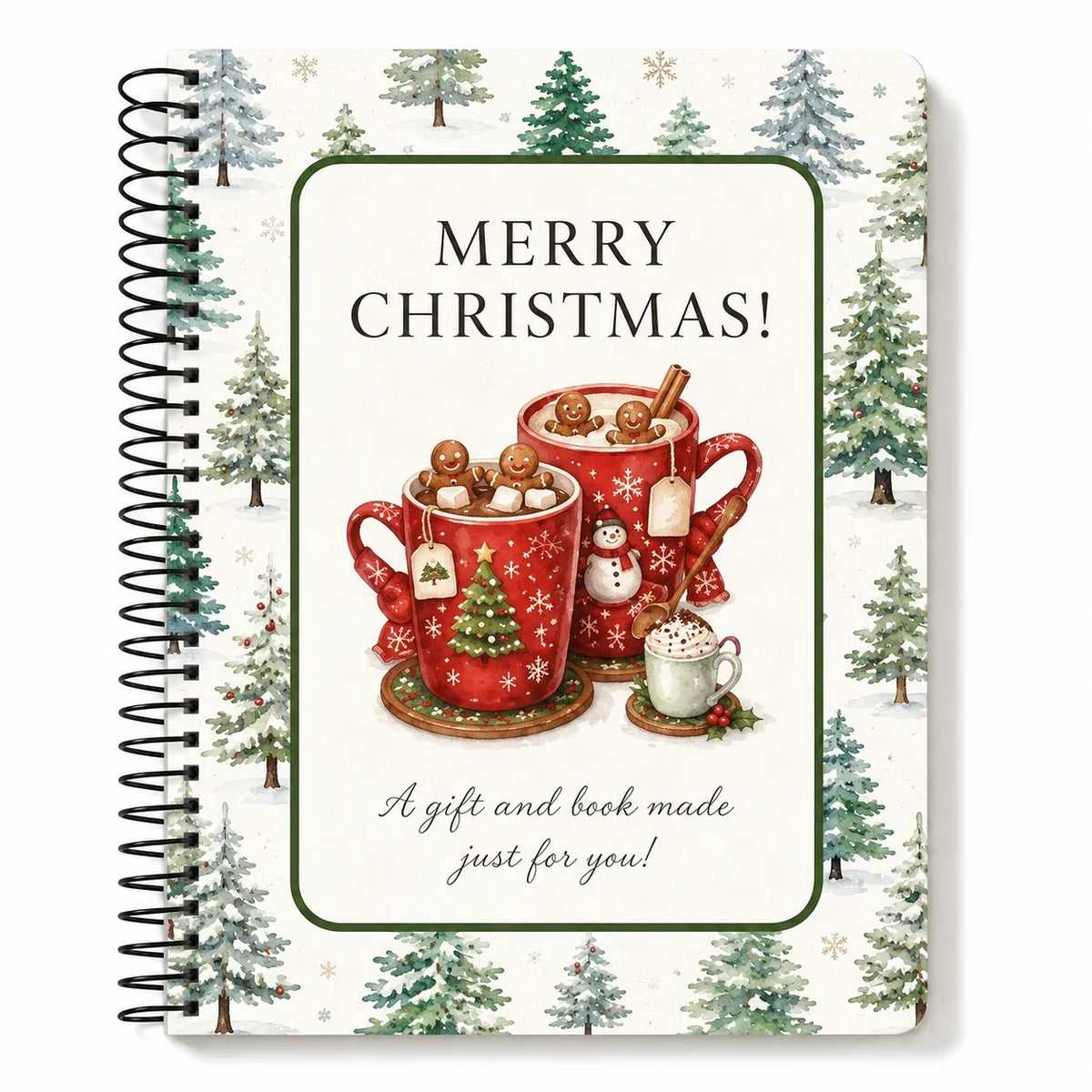 A spiral bound booklet featuring a Christmas theme with festive red mugs and green pine trees.