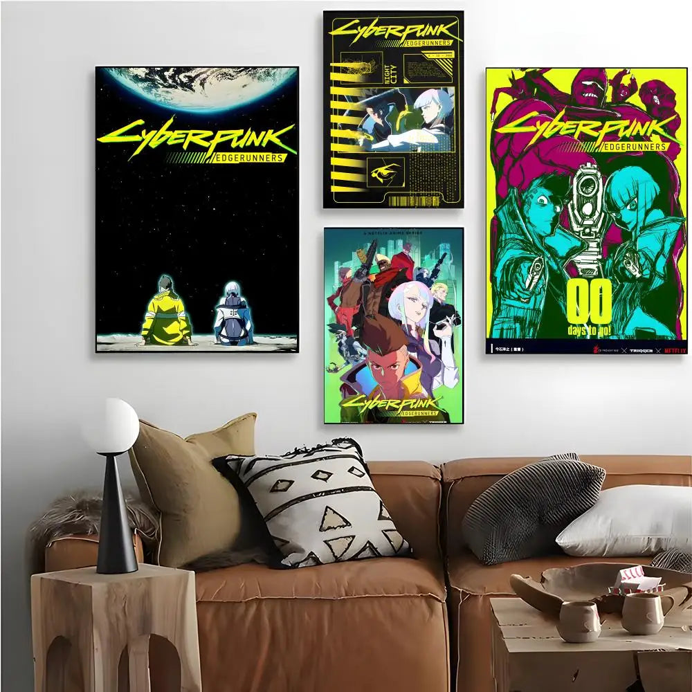 A collection of four posters featuring the Cyberpunk Edgerunners theme with neon and dark color palettes.