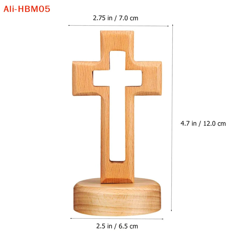 A handcrafted wooden cross standing ornament with a cross and base, measuring 2.75 inches high.