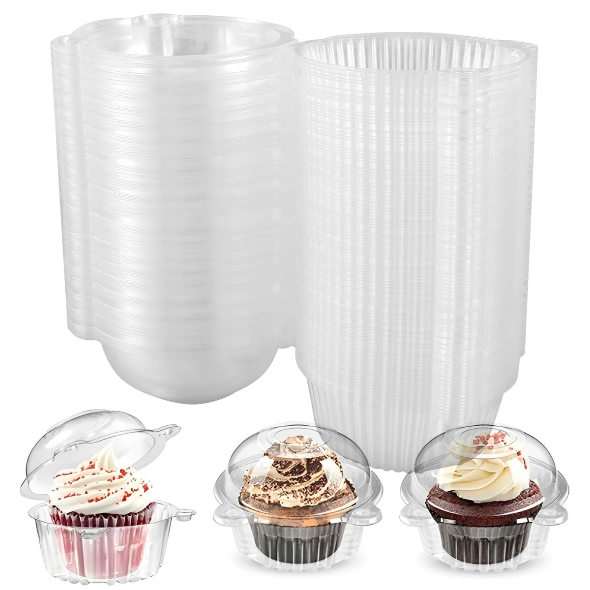 Clear reusable food-safe containers for triangle cake slices, shown in various sizes.