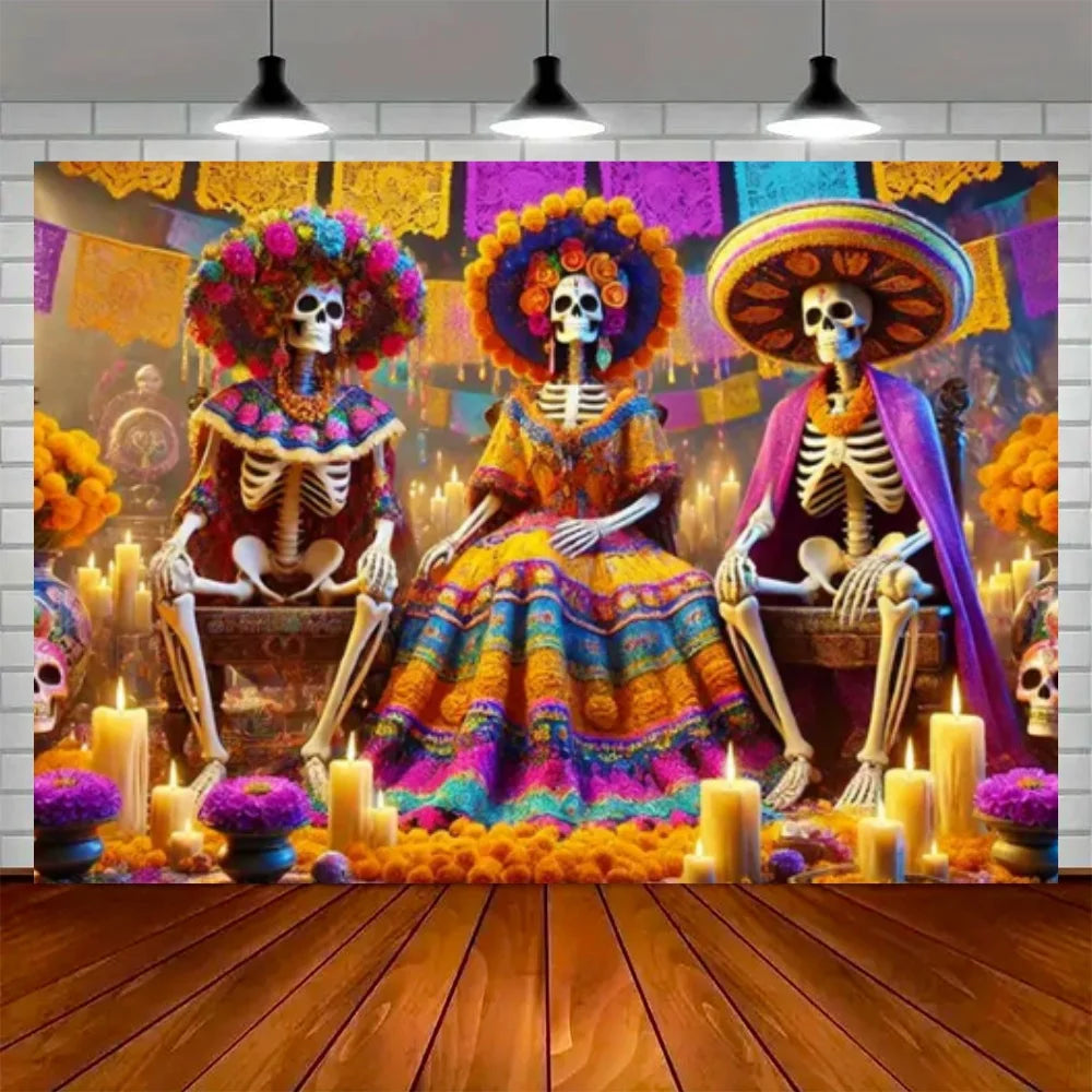 Day of the Dead Skeleton Carnival Backdrop for Halloween Party Decorations