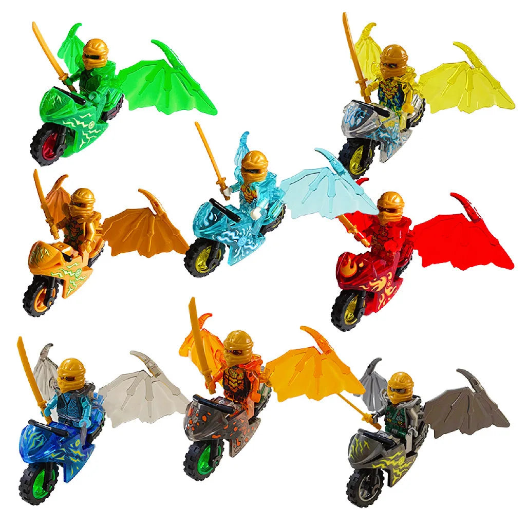 A collection of golden ninja building block figures in various colors and poses.