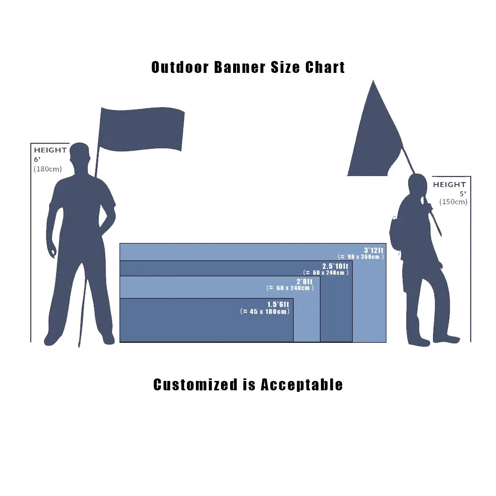 Outdoor banner size chart showing various sizes of flags and banners for outdoor decoration
