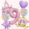A set of seven pink balloons shaped like a number nine, a castle, and a star for birthday parties