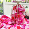 A silver cage filled with pink and red heart sequins confetti rests on a surface covered in loose petals.