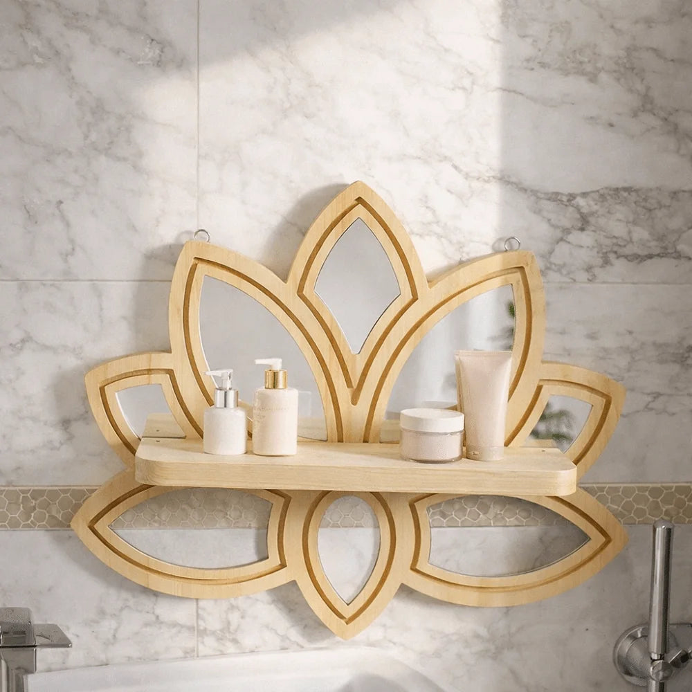 A decorative wooden lotus floating shelf with a mirror and various white bathroom products mounted on a tiled wall.