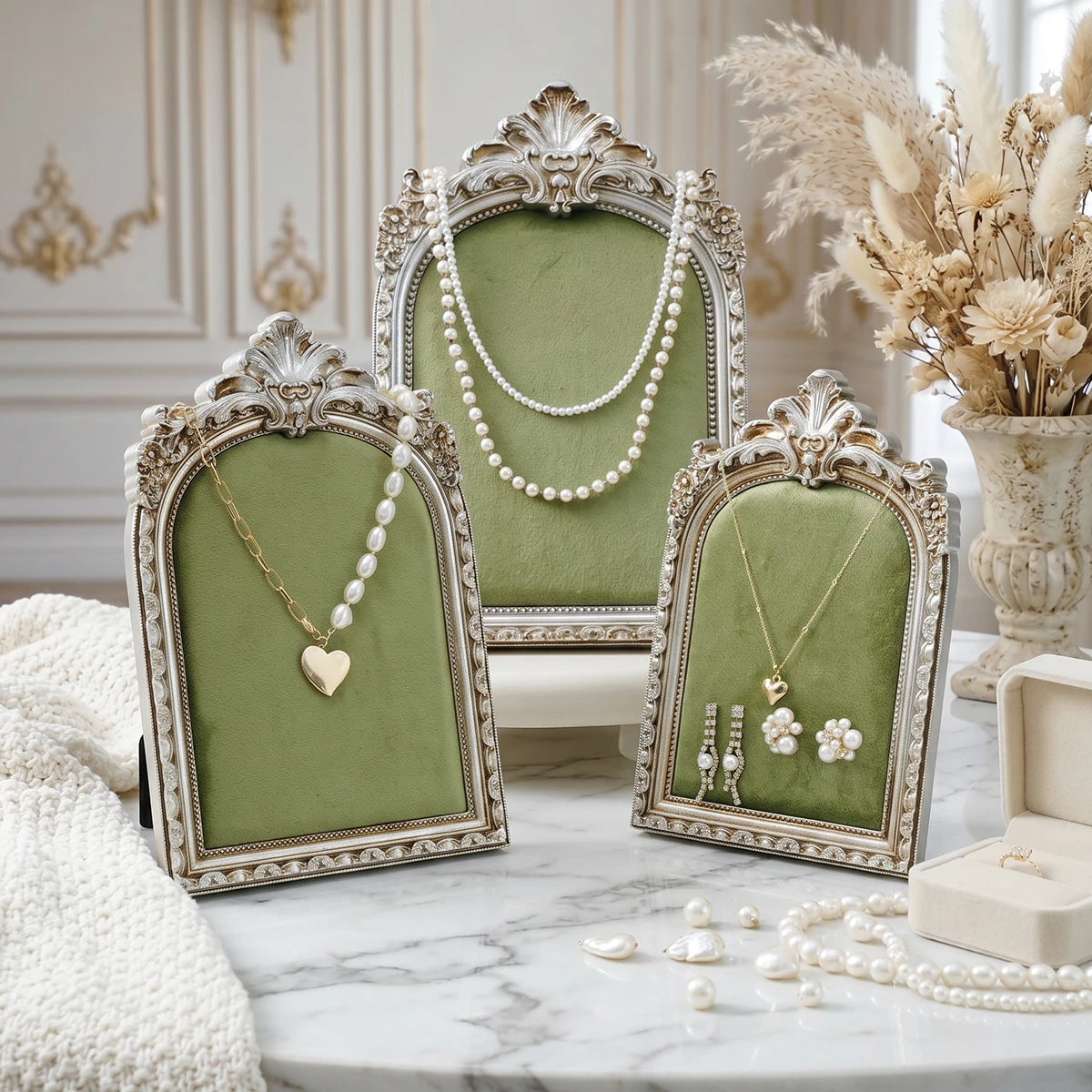 European-Style Velvet Jewelry Display Stand with Silver-Plated Floral Detail