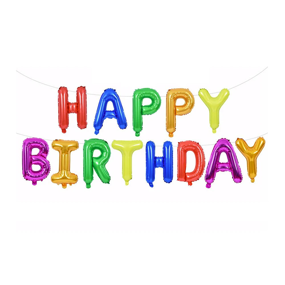 A string of colorful foil balloons spelling out Happy Birthday