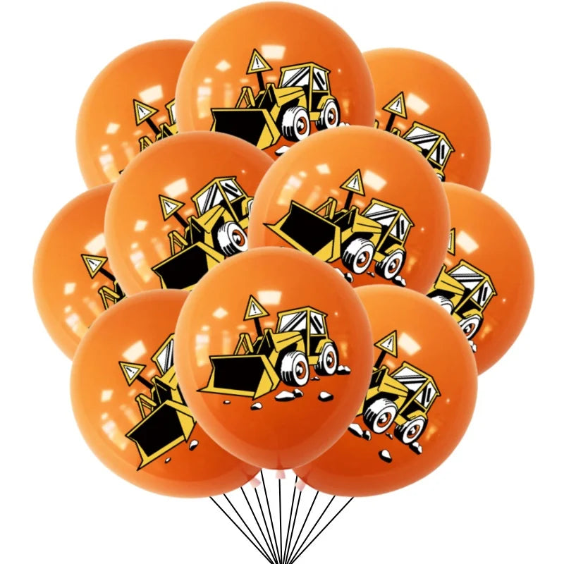 A pack of orange latex balloons featuring graphics of construction tractors and excavators.