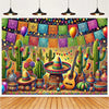A vibrant Mexican fiesta photo backdrop featuring colorful cacti, a sombrero, and an acoustic guitar design.