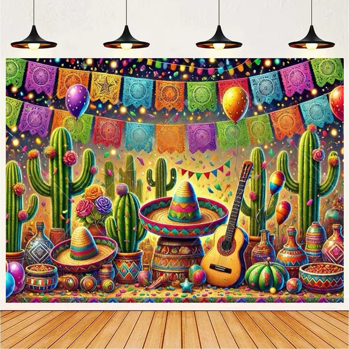 A vibrant Mexican fiesta photo backdrop featuring colorful cacti, a sombrero, and an acoustic guitar design.