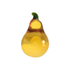 A glass figurine shaped like a yellow pear with a green stem.