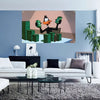 A framed wall hanging banner featuring a cartoon duck stacking green currency blocks against a soft background.