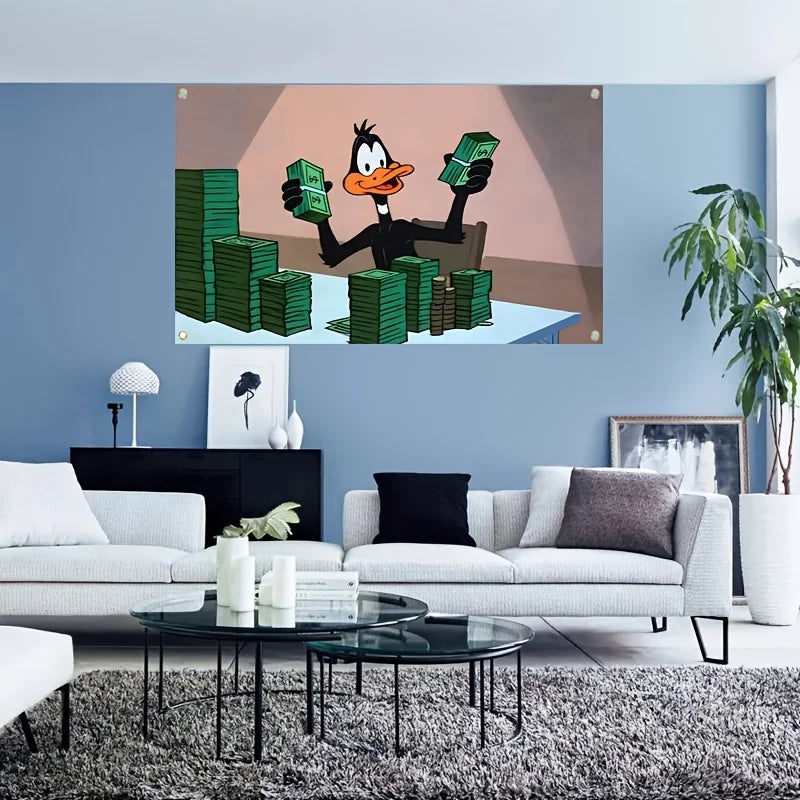 A framed wall hanging banner featuring a cartoon duck stacking green currency blocks against a soft background.