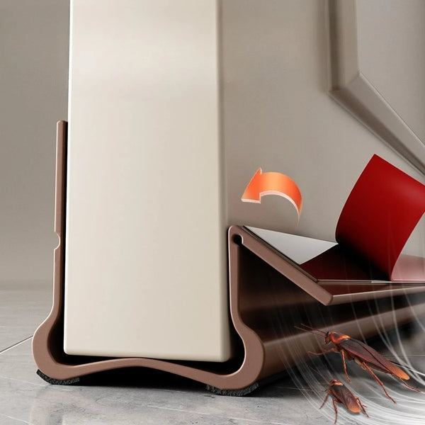 A close-up view of a brown door bottom seal strip with a white panel, showing its profile and adhesive edge.
