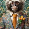 A portrait of a marmoset wearing a floral patterned suit and an orange tie against a green leafy background.