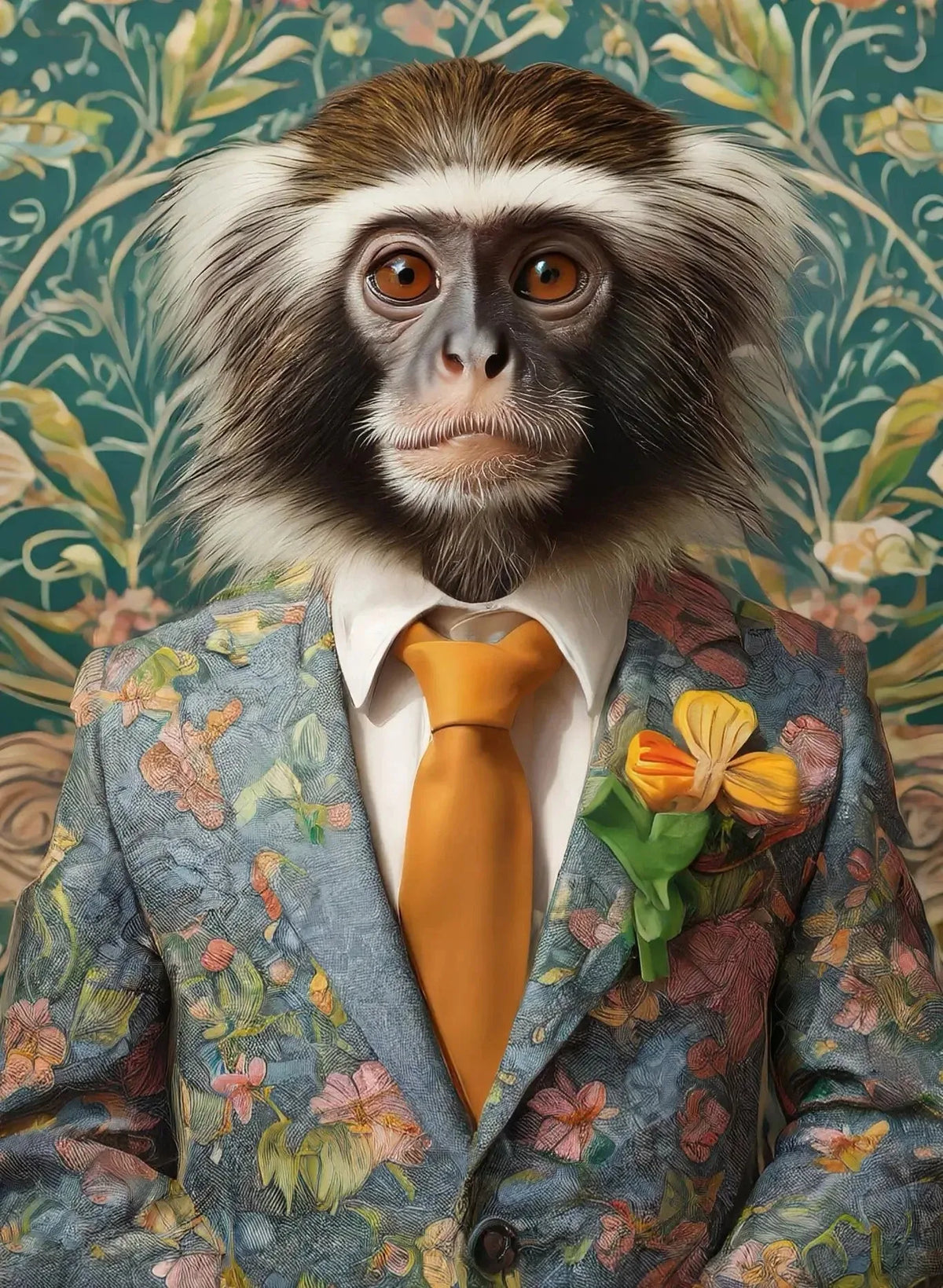 A portrait of a marmoset wearing a floral patterned suit and an orange tie against a green leafy background.