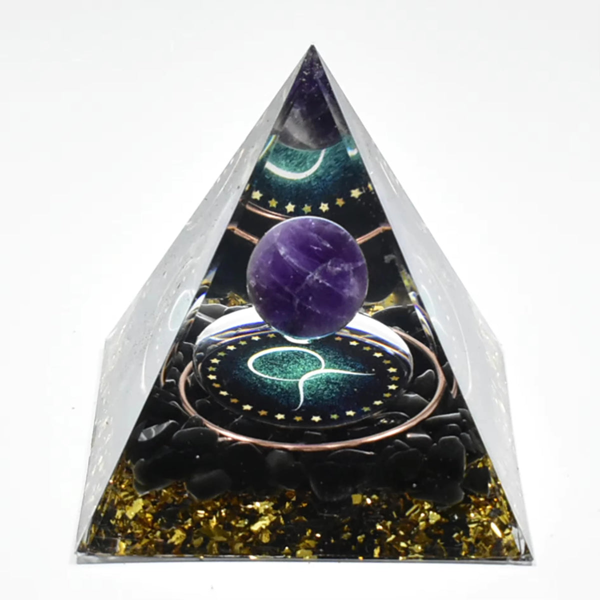 Handmade resin orgonite pyramid featuring a purple stone, natural obsidian, and a copper coil.