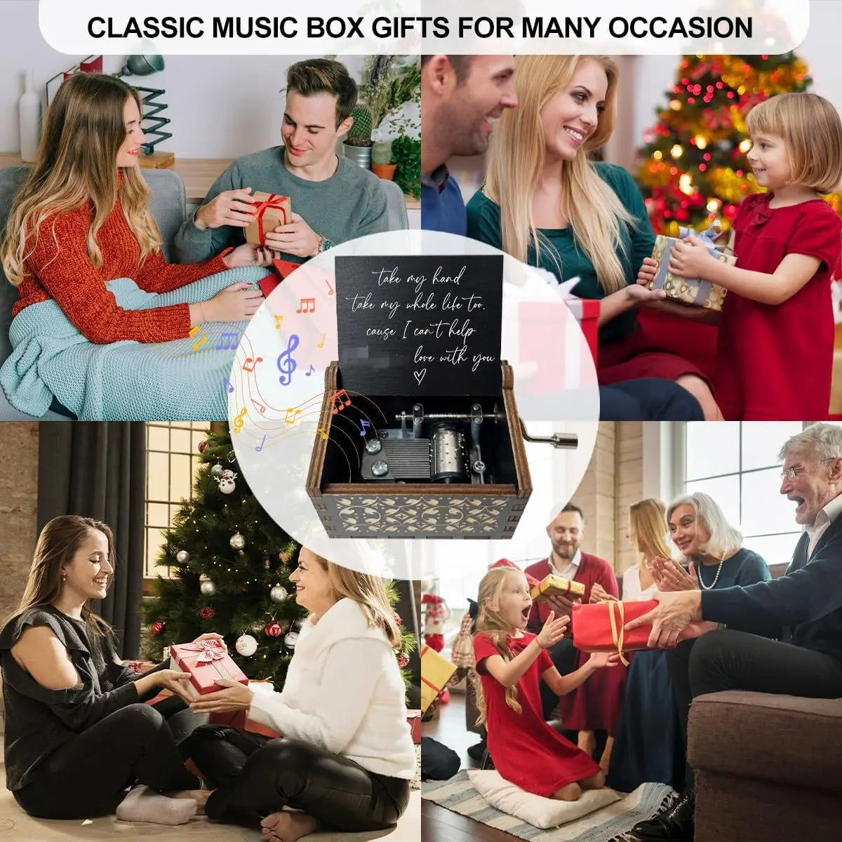 A collection of images showing various occasions for gift ideas, including an antique engraved wooden music box.