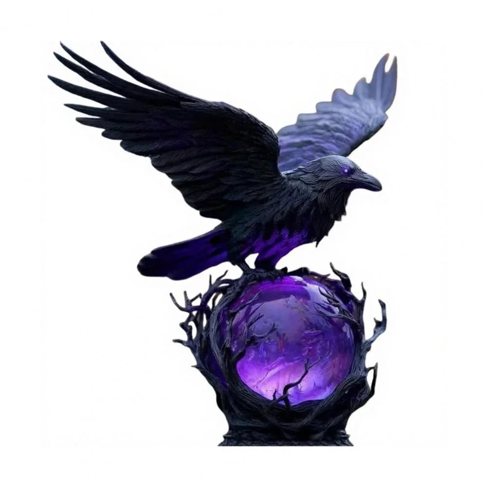 A black raven sculpture with purple glow perched atop a dark, textured base.
