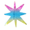 A star-shaped foil balloon with a rainbow gradient of pink, blue, and yellow.