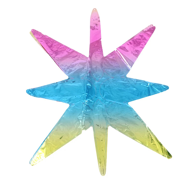 A star-shaped foil balloon with a rainbow gradient of pink, blue, and yellow.