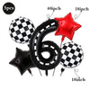 A set of black and white checkered balloons, a large black number six balloon, and a red star shaped balloon.