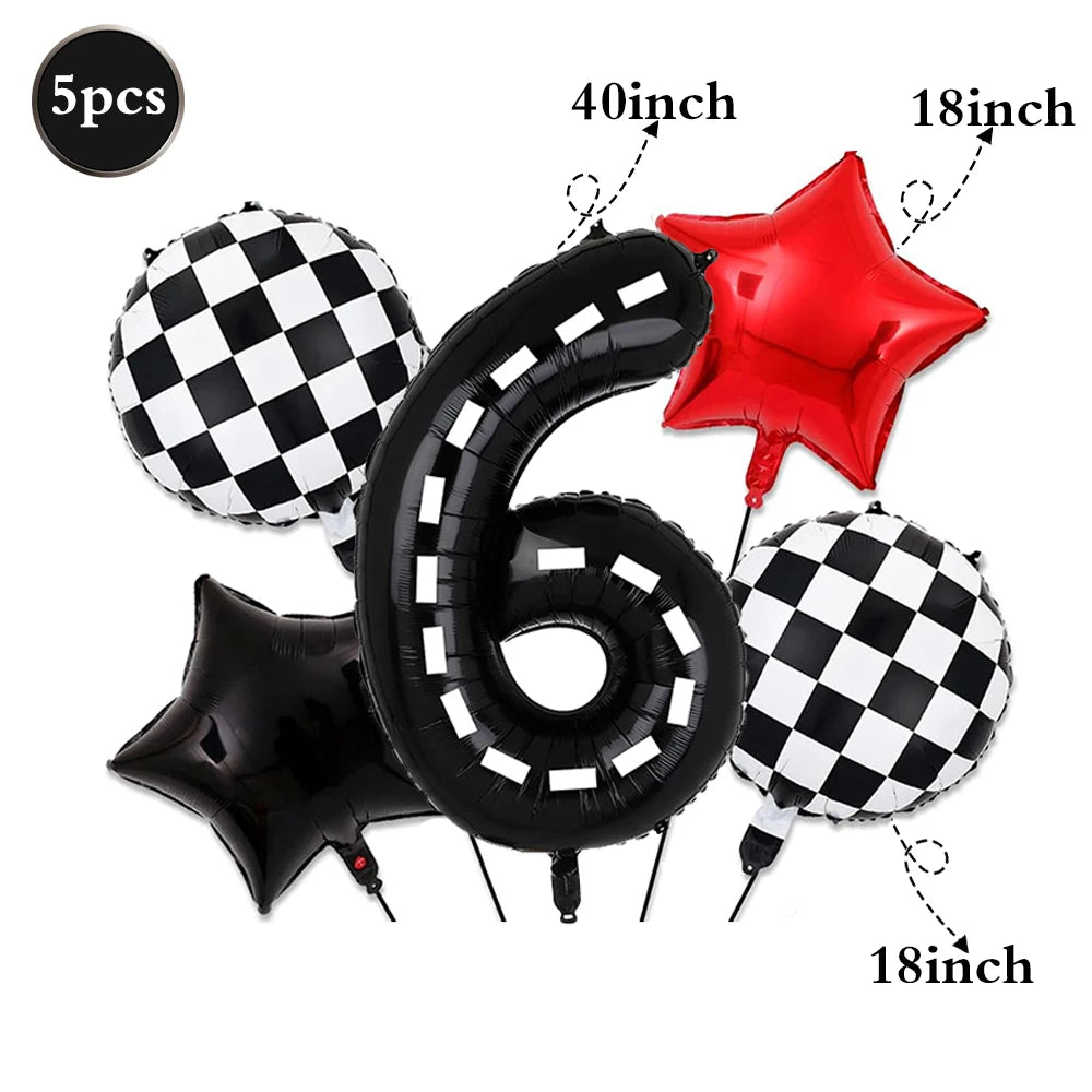 A set of black and white checkered balloons, a large black number six balloon, and a red star shaped balloon.