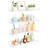 A clear acrylic floating storage rack set displaying various bottles and potted plants.
