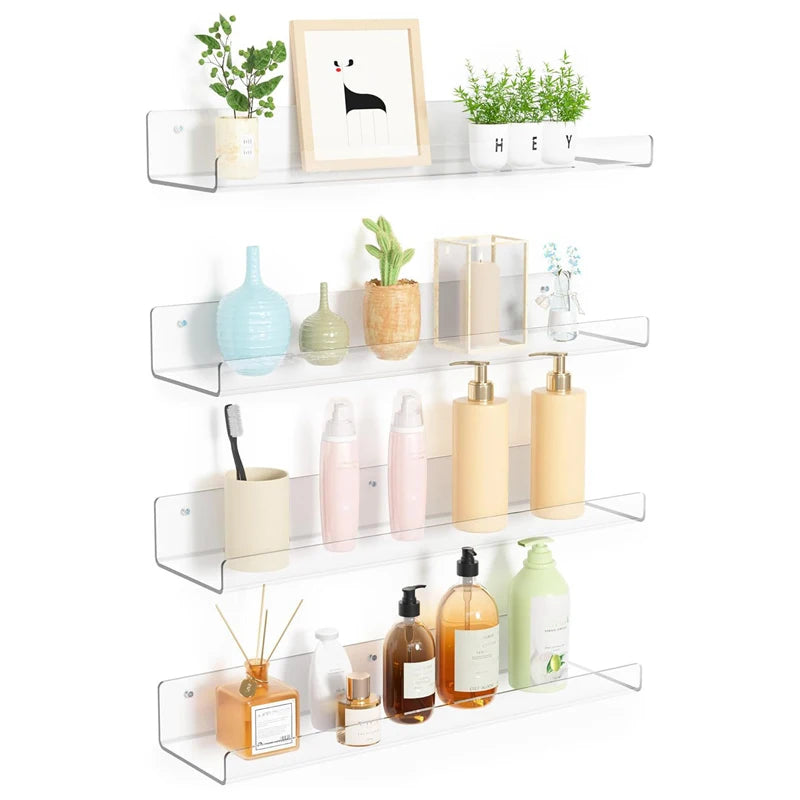 A clear acrylic floating storage rack set displaying various bottles and potted plants.