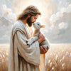 A painting depicting Jesus holding a lamb in a field with bright light shining from behind.