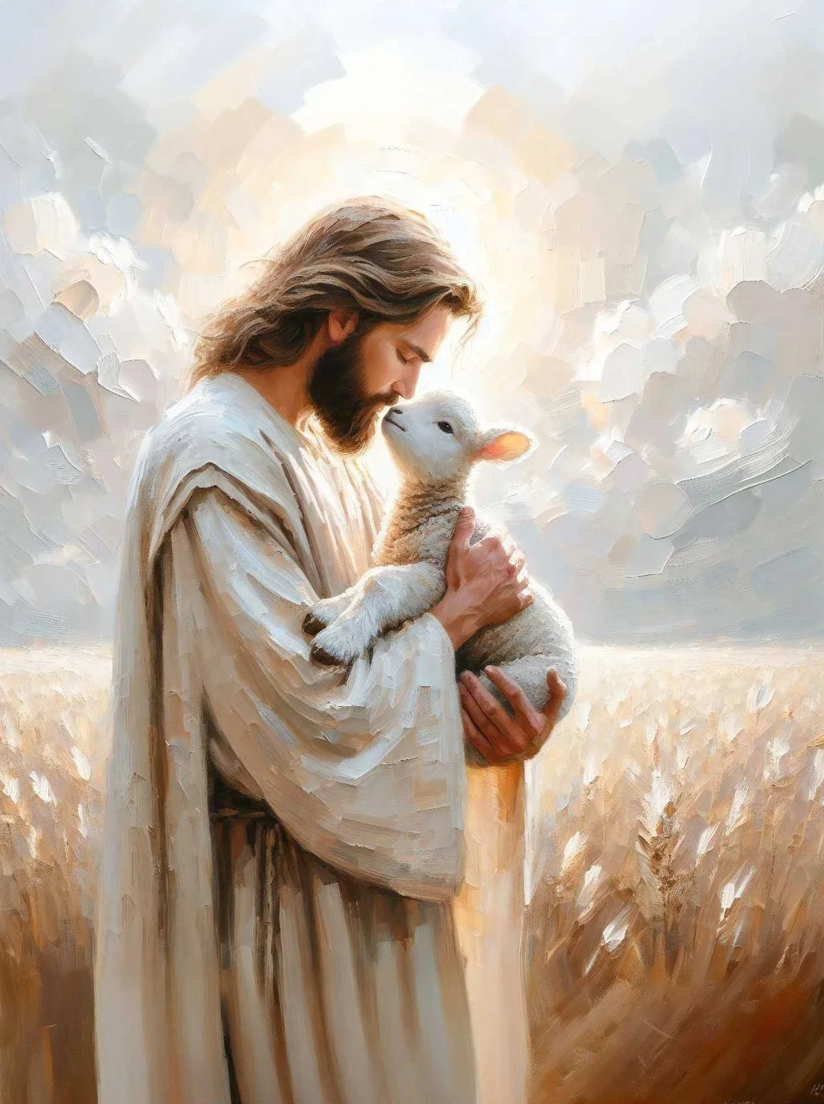 A painting depicting Jesus holding a lamb in a field with bright light shining from behind.