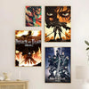 A set of three posters featuring dark, intense imagery related to Attack on Titan