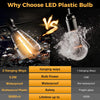 Comparison showing LED plastic bulb features like wattage, waterproof rating, shatterproof plastic, and lifespan against a gl
