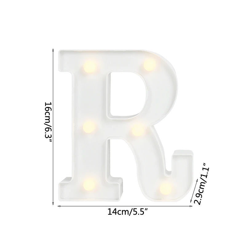 A white alphabet letter R light with warm white LED illumination.