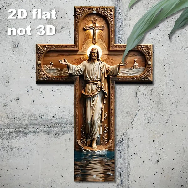 A 2D flat wooden cross wall decor featuring a carved depiction of Jesus Christ standing on water.