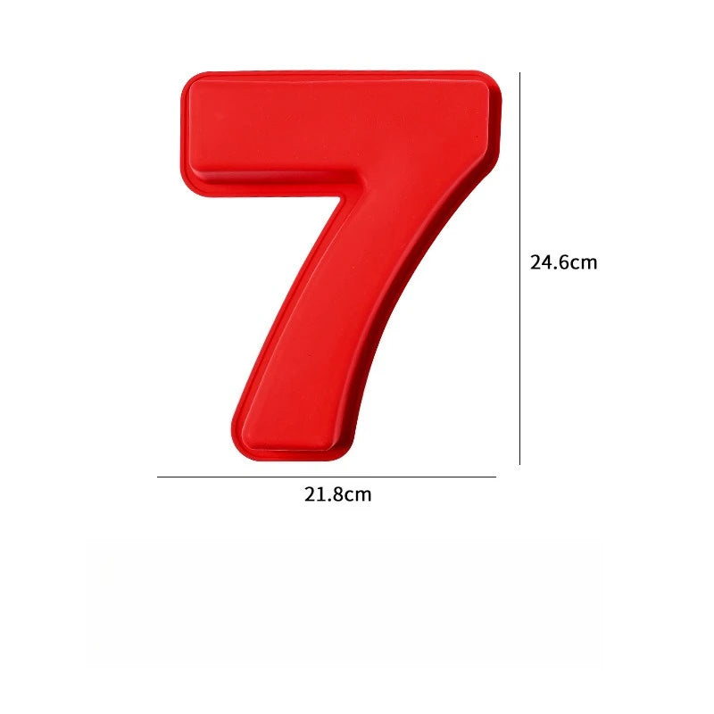 Rote Silikon-3D-Zahlkuchenform in Form der Ziffer sieben.