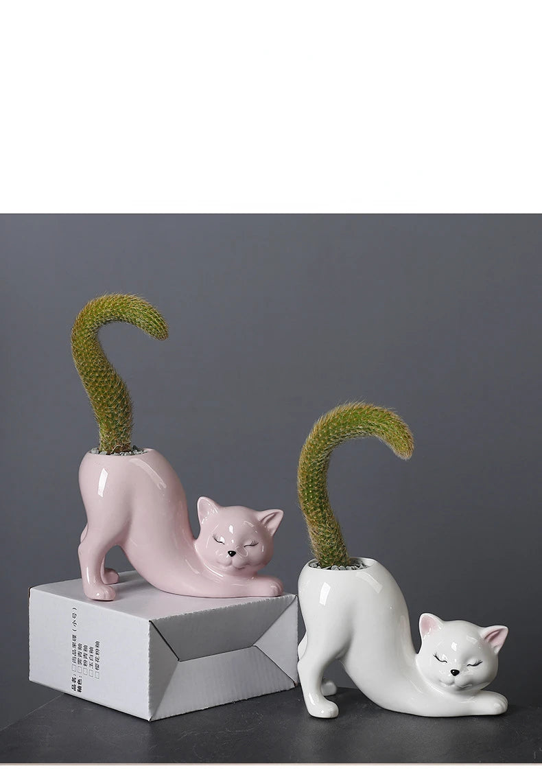A white ceramic cartoon cat succulent planter with a curved tail design, shown next to a small white box.