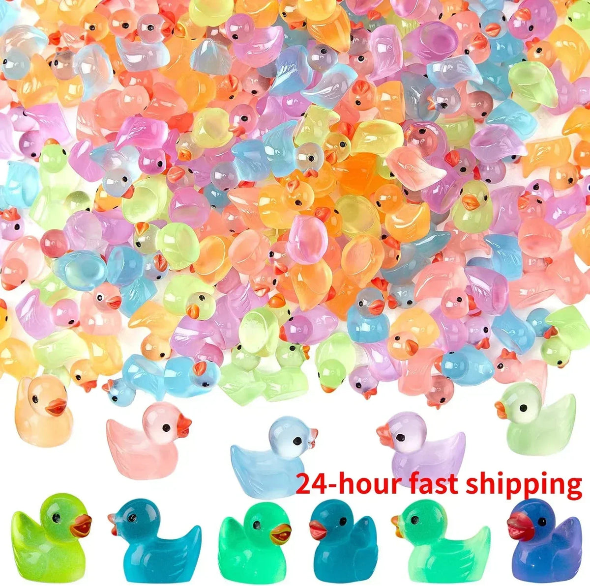 A collection of colorful luminous mini duck figurines in various shades and sizes for fairy gardens.