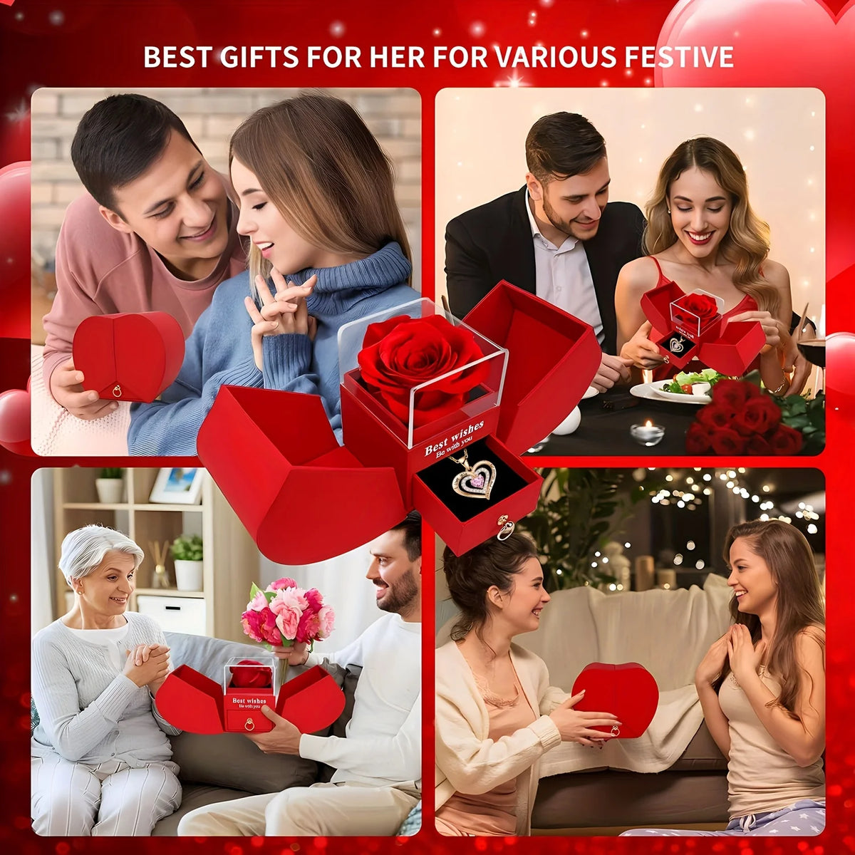 A collection of gift ideas featuring a pink heart pendant necklace and rose flowers presented in various gift boxes for festi