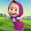 A cute girl wearing a purple hooded outfit is smiling in a bright green field under a tree with white blossoms.