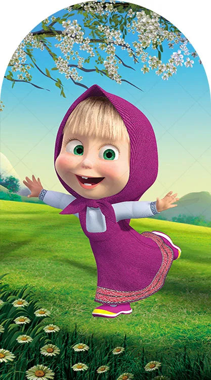 A cute girl wearing a purple hooded outfit is smiling in a bright green field under a tree with white blossoms.