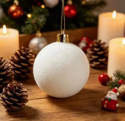 A white velvet flocked Christmas ornament is displayed on a wooden surface with pine cones and festive lights in the backgrou
