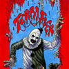 A graphic illustration of the character Art the Clown in a menacing pose against a red and blue background.