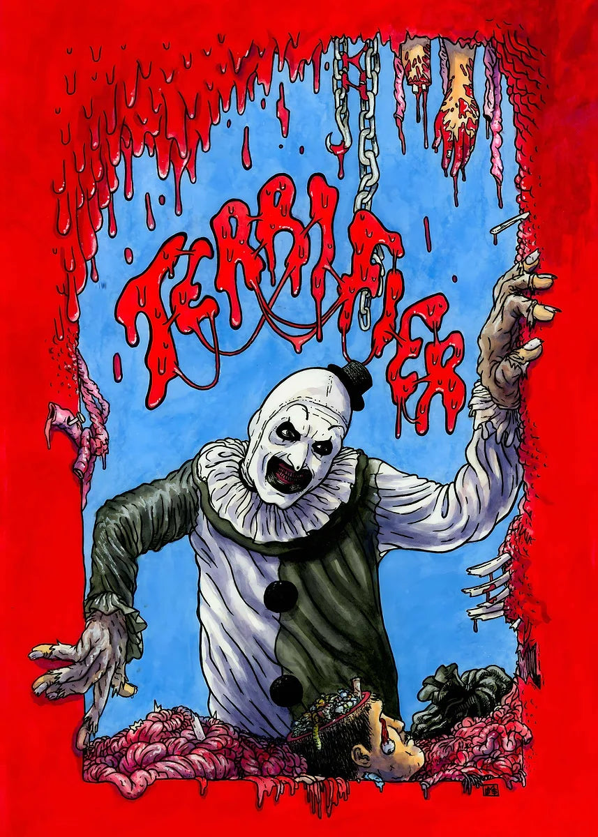 A graphic illustration of the character Art the Clown in a menacing pose against a red and blue background.