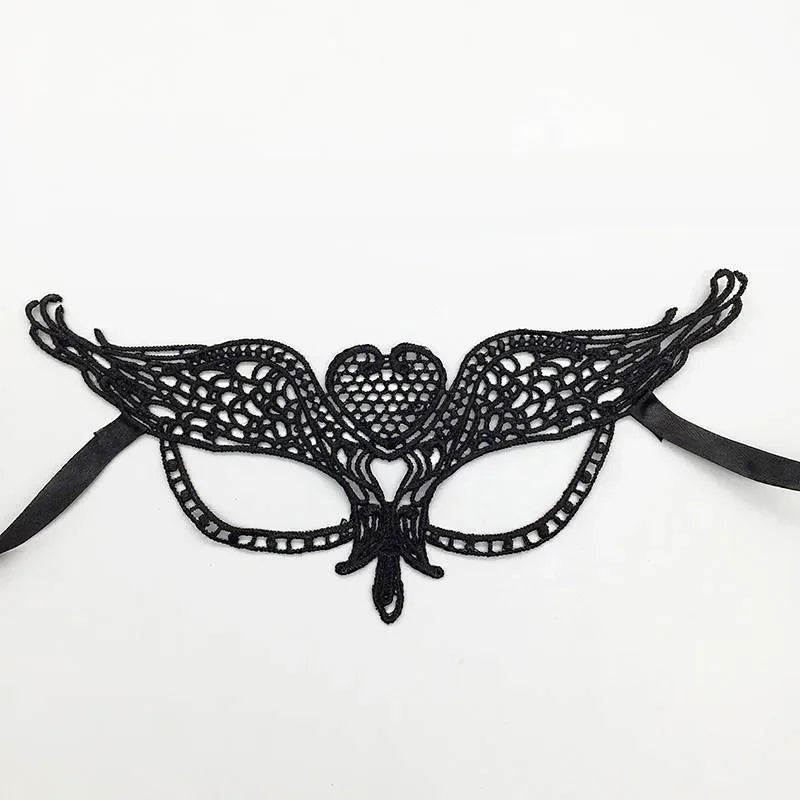 Elegant black lace half face mask with intricate bat wings for masquerade or costume