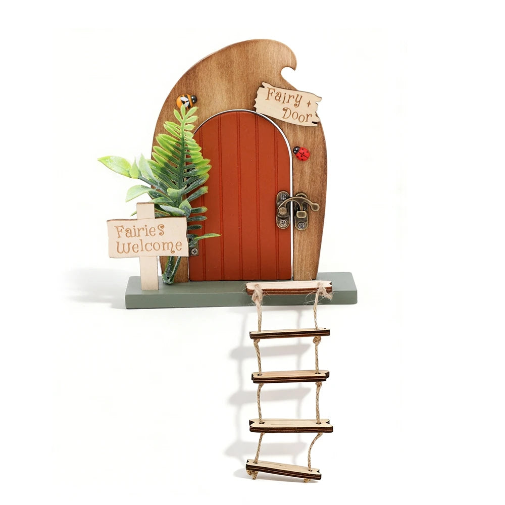A wooden miniature decoration of a fairy door featuring a tooth box and greenery.