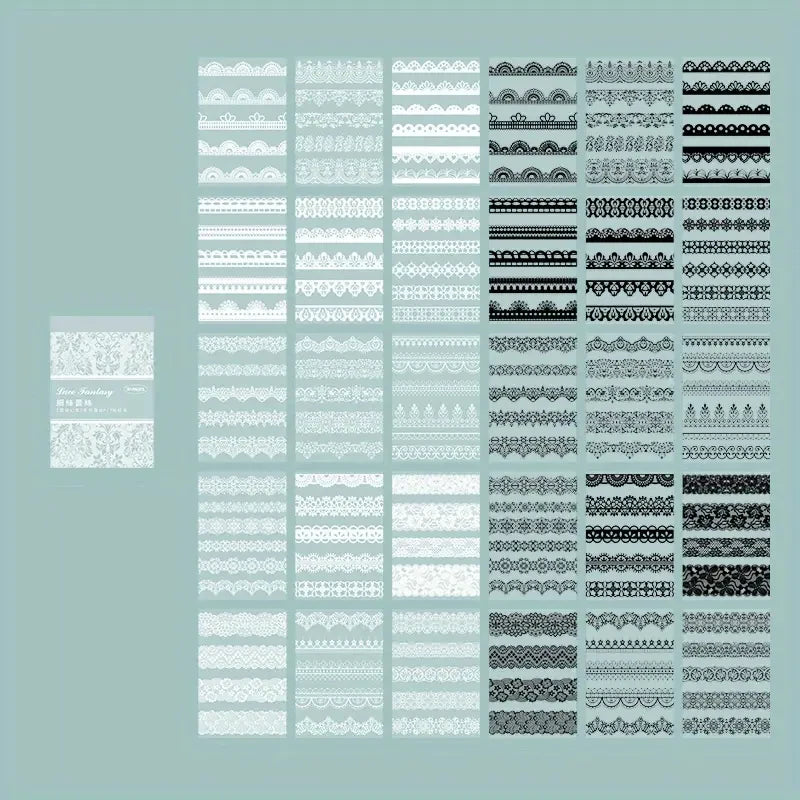A grid display of various vintage lace patterns in black and white for crafting stickers.