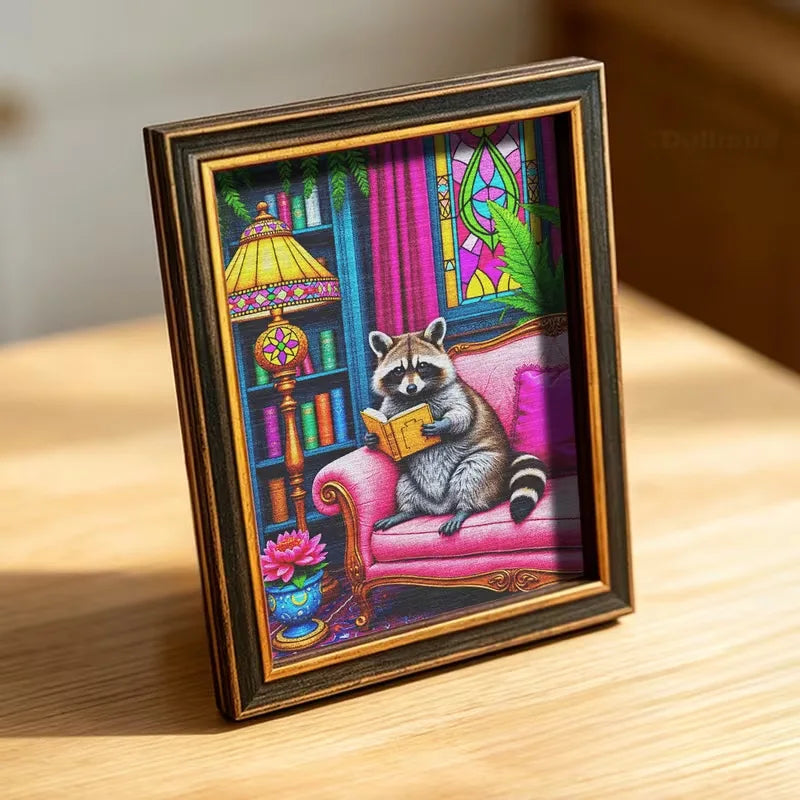 A framed picture of a raccoon sitting on a pink velvet chair with colorful floral and geometric patterns.